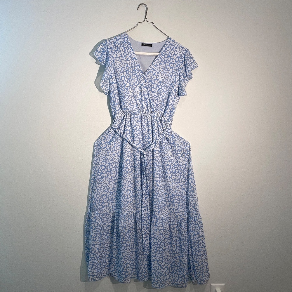 Pretty Garden Womens Floral Maxi Dress, Blue & White, Belted, M, Short Sleeve